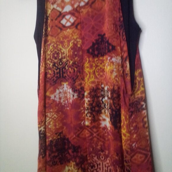 Rodan Dress Women M Sleeveless Open Front Flowing Black Orange Red - Picture 2 of 15